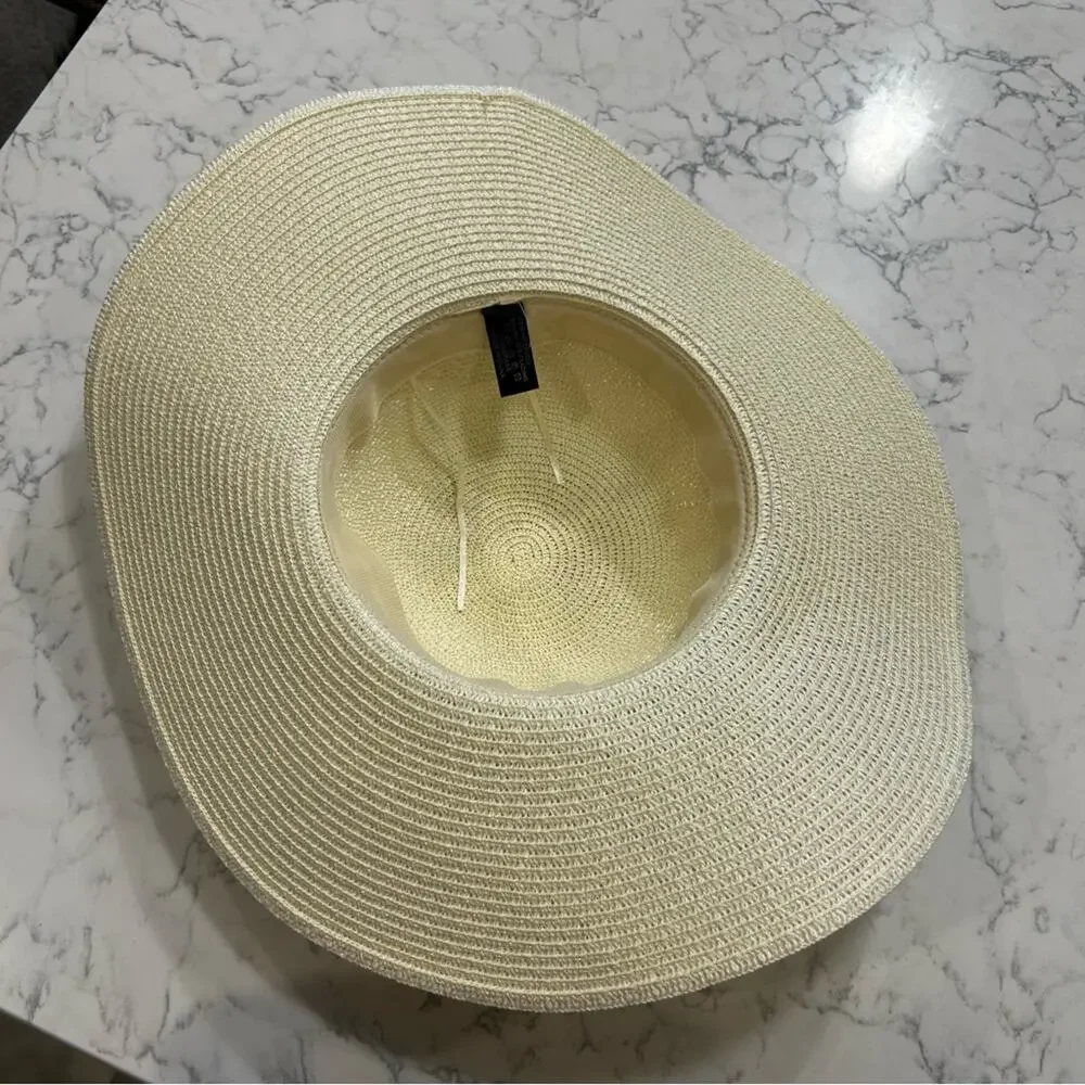 Light Beige Wide Brim‎ 100% Grass Sunhat W/ Beach Necklace/Chain